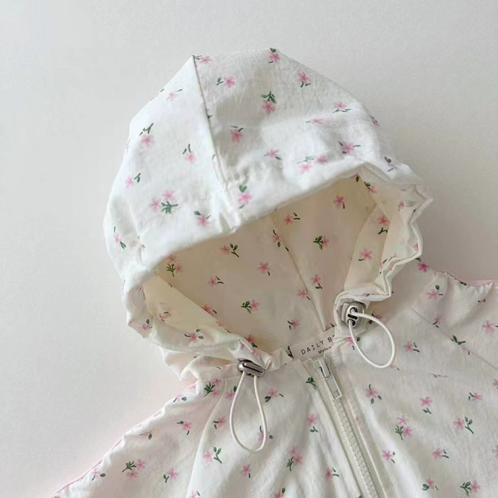 Girls Cotton Hooded Jacket & Shorts Set – Bow Detail Two-Piece Outfit, Floral or Navy