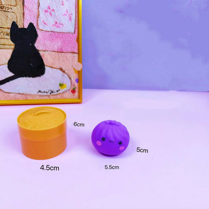 Mini Smiley Bun Squishy Set with Steamer Basket – Soft Flour Feel Stress Relief Toy