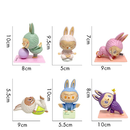 Labubu Yoga Flocked Vinyl Figure Collectible Toy Blind Box Surprise Trendy Desk Decor 6Pcs