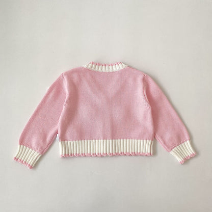 Girls Floral Knit Cardigan – 3D Crochet Flower Button-Up Sweater with Contrast Ribbed Trim