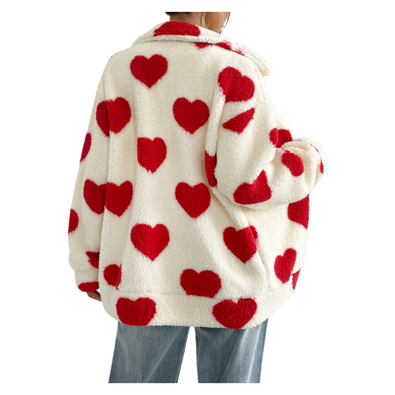 Valentine’s Day Plush Heart Print Zip-Up Cardigan Jacket Loose Fit Long Sleeve Outerwear Spring Winter