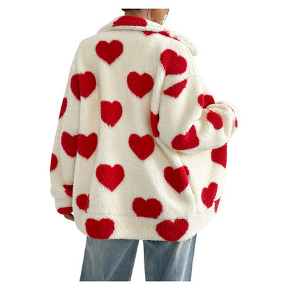 Valentine’s Day Plush Heart Print Zip-Up Cardigan Jacket Loose Fit Long Sleeve Outerwear Spring Winter