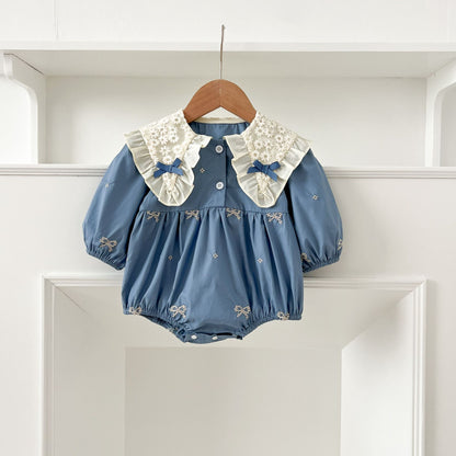 Girls Blue Bow Print Dress & Baby Romper – Lace Collar Sister Matching Outfit