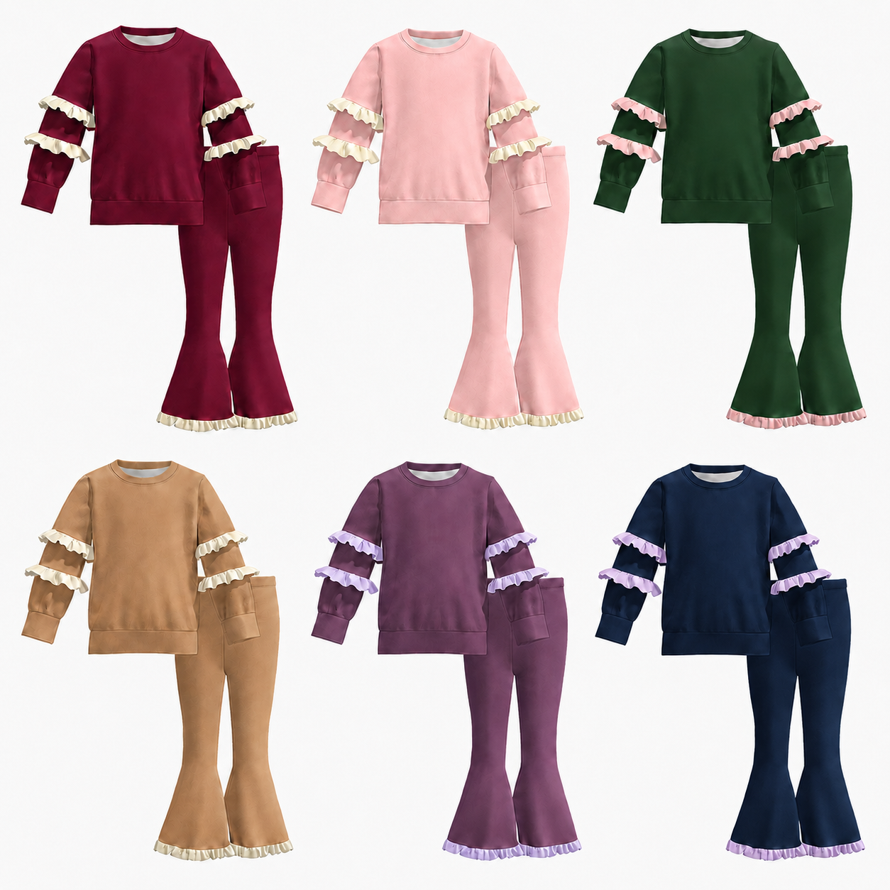 Girls’ Fall Muti-Colors Ruffle Flare Pants Set – Long Sleeve Boutique Outfit