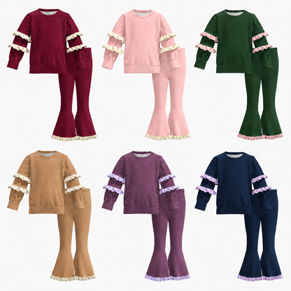 Girls’ Fall Muti-Colors Ruffle Flare Pants Set – Long Sleeve Boutique Outfit