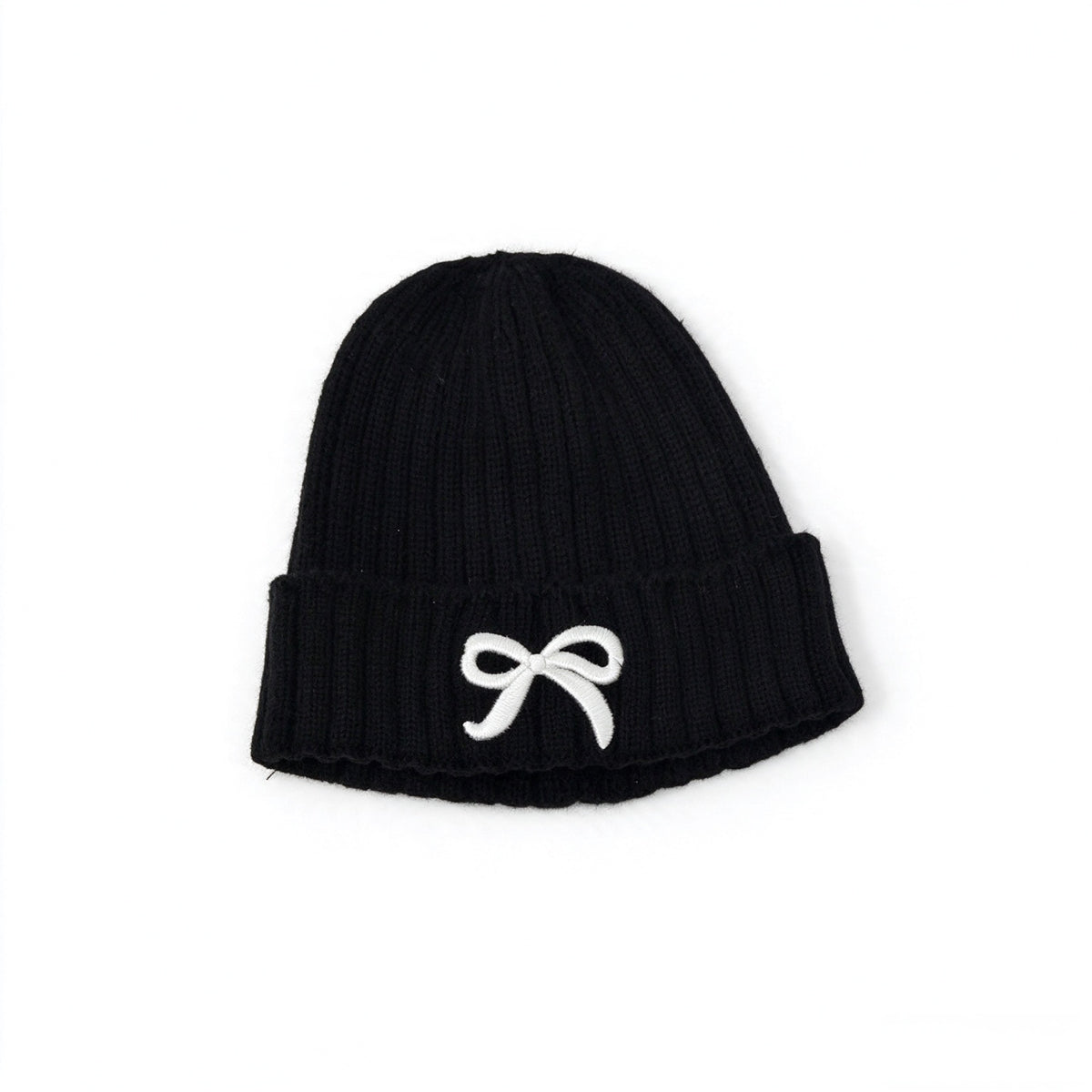 Girls Bow Embroidered Knit Beanie – Ribbed Cuffed Winter Hat, Ages 3–10
