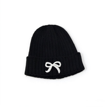 Girls Bow Embroidered Knit Beanie – Ribbed Cuffed Winter Hat, Ages 3–10