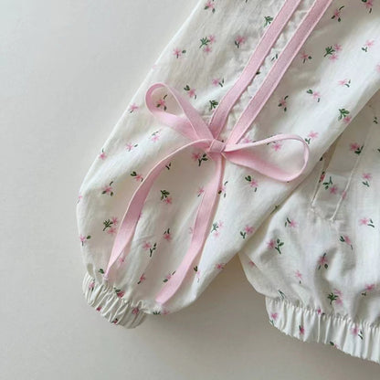 Girls Cotton Hooded Jacket & Shorts Set – Bow Detail Two-Piece Outfit, Floral or Navy