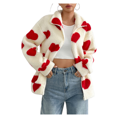 Valentine’s Day Plush Heart Print Zip-Up Cardigan Jacket Loose Fit Long Sleeve Outerwear Spring Winter