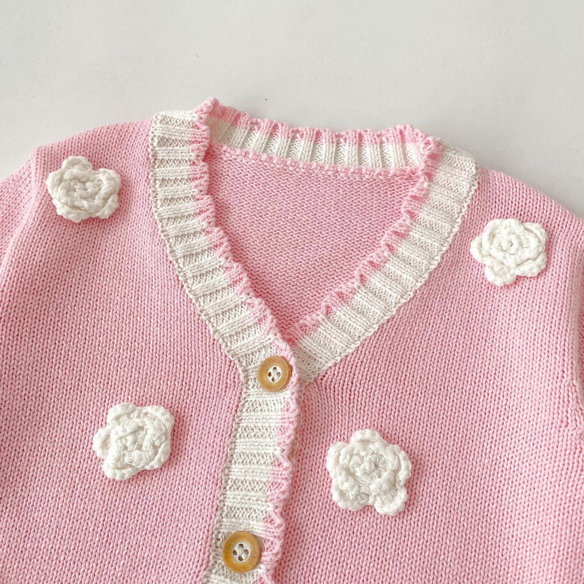 Girls Floral Knit Cardigan – 3D Crochet Flower Button-Up Sweater with Contrast Ribbed Trim