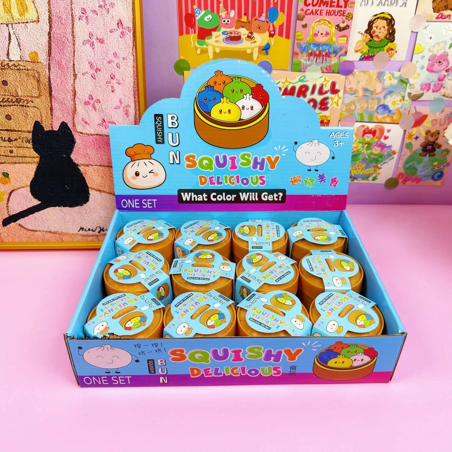 Mini Smiley Bun Squishy Set with Steamer Basket – Soft Flour Feel Stress Relief Toy