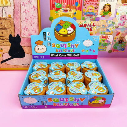 Mini Smiley Bun Squishy Set with Steamer Basket – Soft Flour Feel Stress Relief Toy