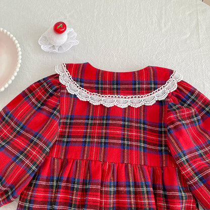 Christmas Red Plaid Girls Dress & Baby Romper – Cotton Long Sleeve Sister Matching Outfit