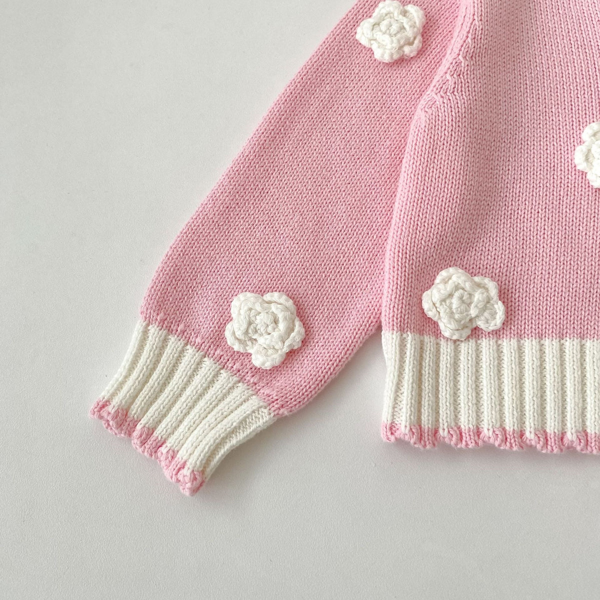 Girls Floral Knit Cardigan – 3D Crochet Flower Button-Up Sweater with Contrast Ribbed Trim