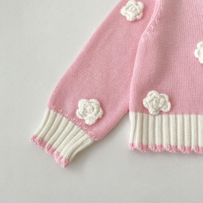 Girls Floral Knit Cardigan – 3D Crochet Flower Button-Up Sweater with Contrast Ribbed Trim