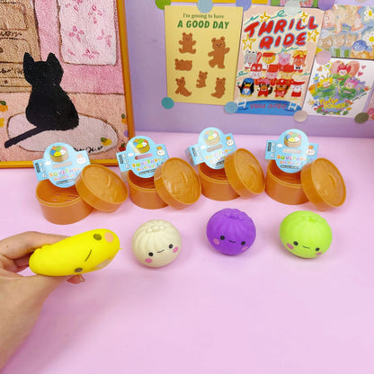 Mini Smiley Bun Squishy Set with Steamer Basket – Soft Flour Feel Stress Relief Toy