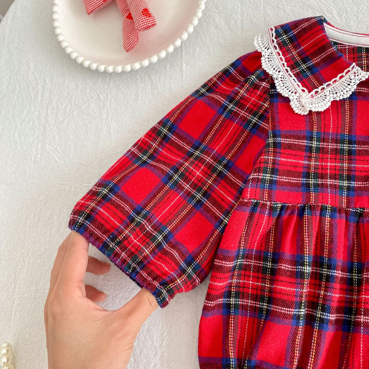 Christmas Red Plaid Girls Dress & Baby Romper – Cotton Long Sleeve Sister Matching Outfit