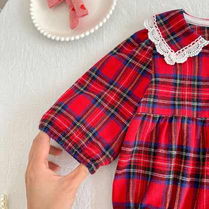 Christmas Red Plaid Girls Dress & Baby Romper – Cotton Long Sleeve Sister Matching Outfit
