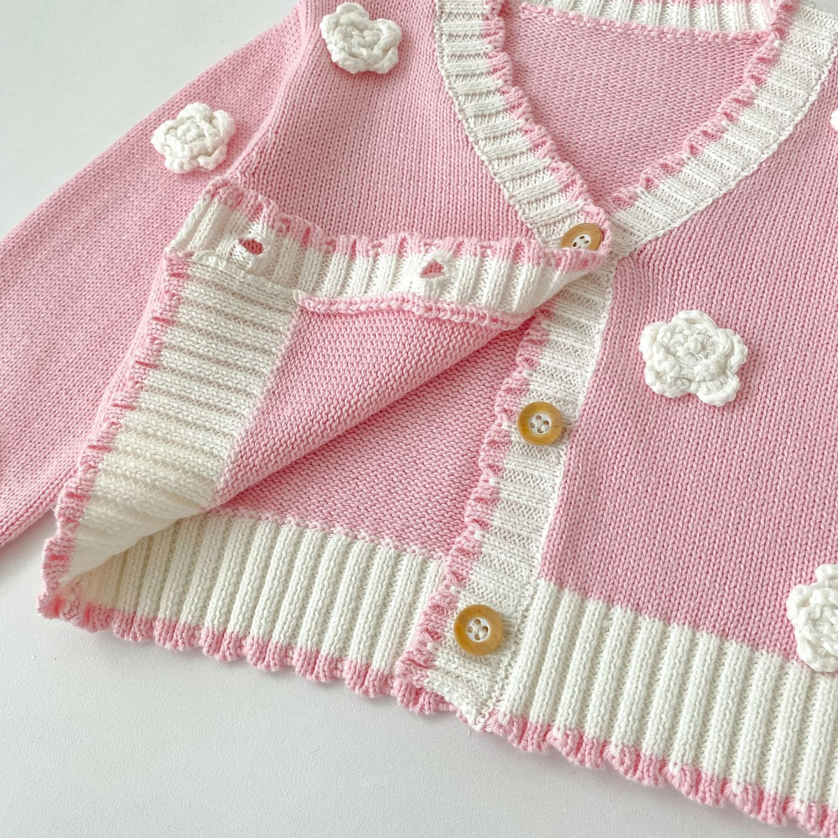 Girls Floral Knit Cardigan – 3D Crochet Flower Button-Up Sweater with Contrast Ribbed Trim