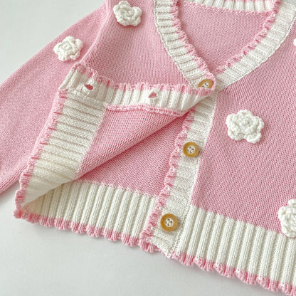 Girls Floral Knit Cardigan – 3D Crochet Flower Button-Up Sweater with Contrast Ribbed Trim