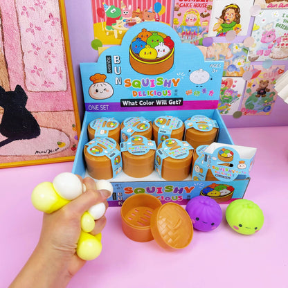 Mini Smiley Bun Squishy Set with Steamer Basket – Soft Flour Feel Stress Relief Toy