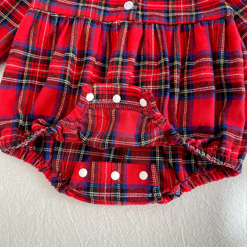 Christmas Red Plaid Girls Dress & Baby Romper – Cotton Long Sleeve Sister Matching Outfit