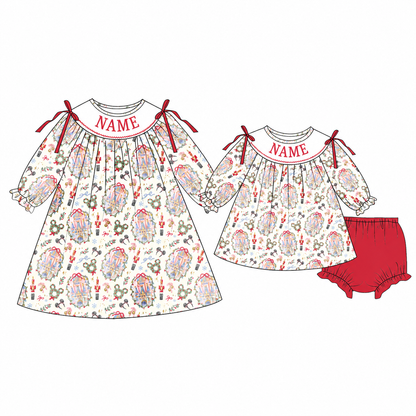 Personalized Christmas Girls Dress & Bloomer Set – Custom Name Holiday Castle Print Matching Sister Outfit