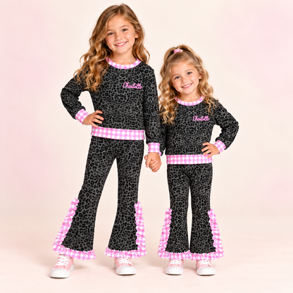 Personalized Girls Camo & Leopard Print Ruffle Pants Set – Custom Name Embroidery Long Sleeve Outfit