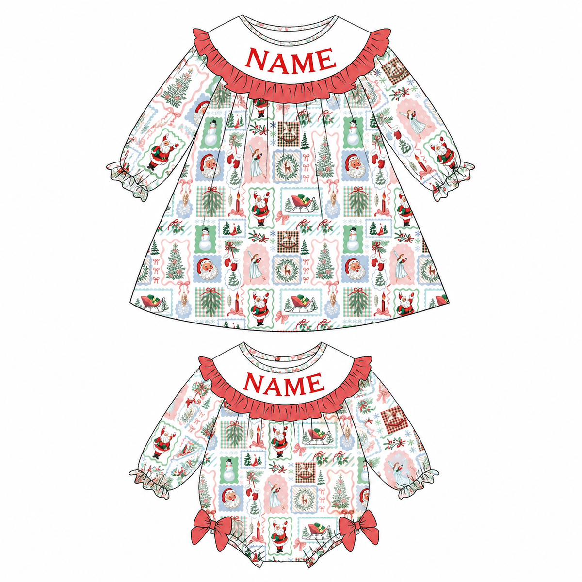 Personalized Christmas Girls Dress & Baby Romper – Custom Name Holiday Print Ruffle Sibling Outfit
