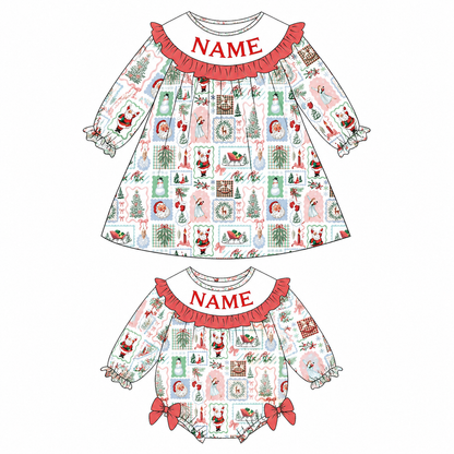 Personalized Christmas Girls Dress & Baby Romper – Custom Name Holiday Print Ruffle Sibling Outfit