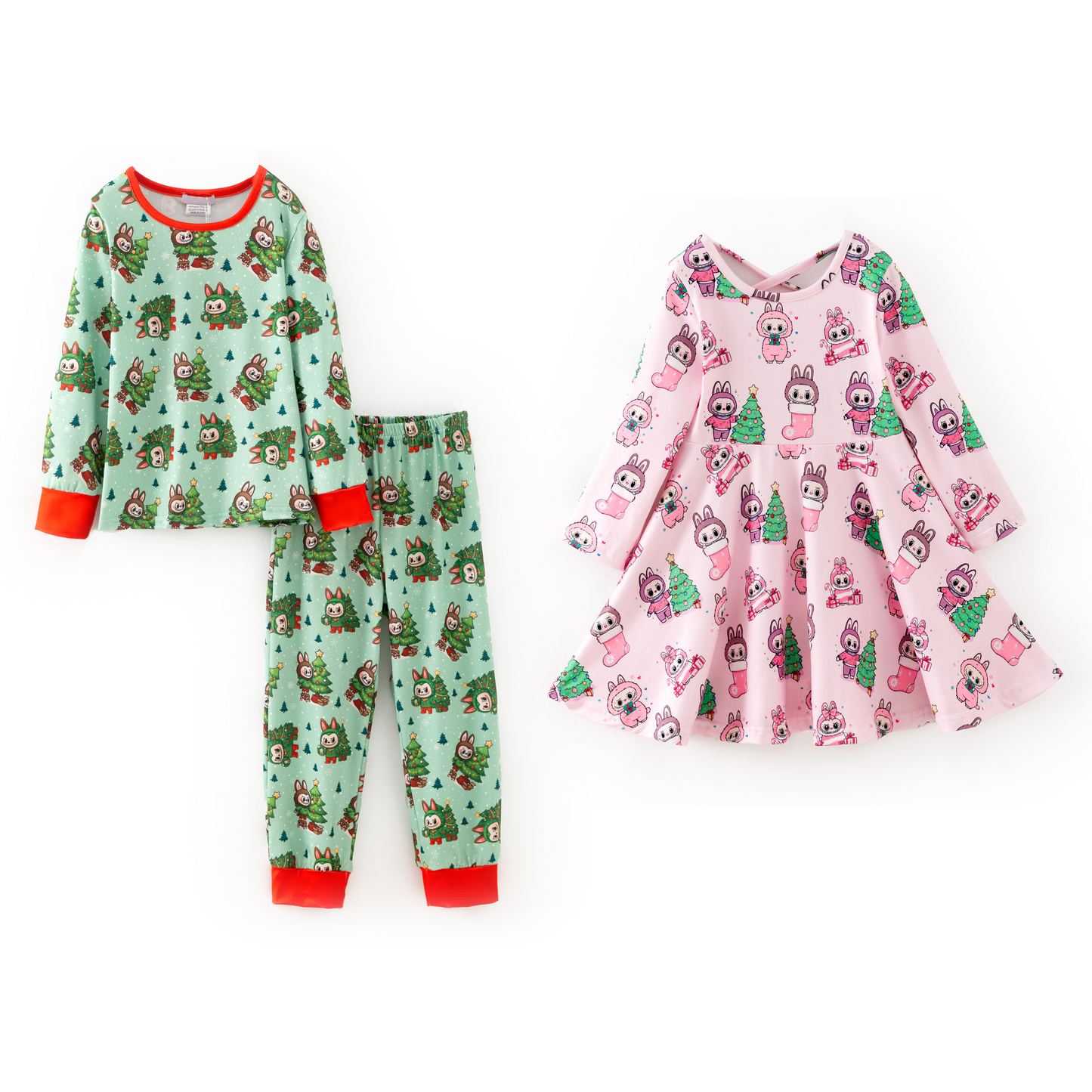 Kids Christams Cartoon Print Matching Pajamas Set & Dress