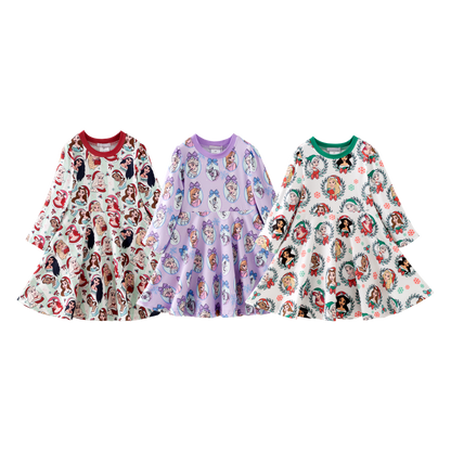 2025 Fall Christmas Character Print Long Sleeves Twirl Dress
