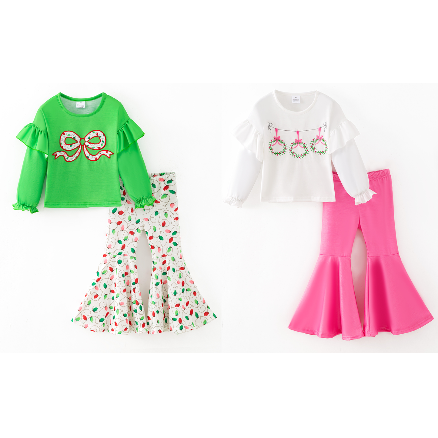 Girls Christmas Winter Pink Green Bow Printed Top + Pant Set