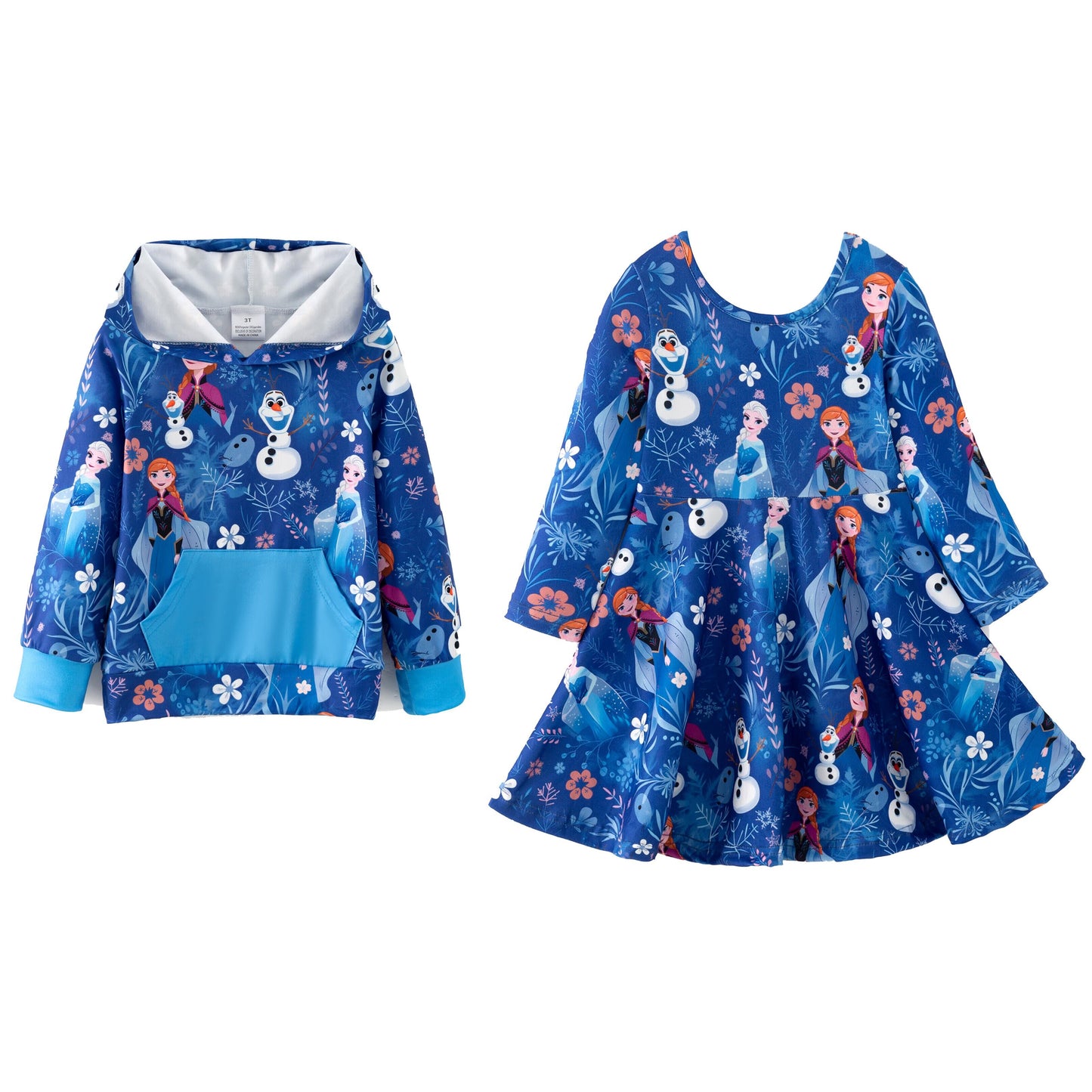 Kids Fall Winter Frozen Cartoon Printed Dress & Hoodie