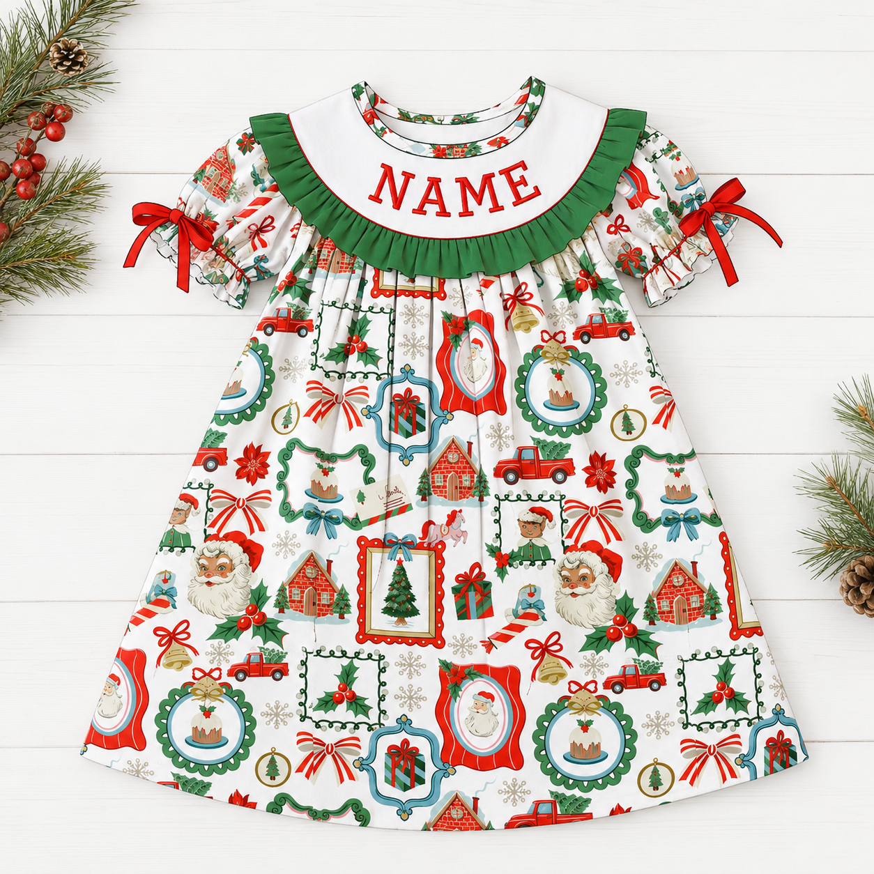 Personalized Christmas Smocked Dress & Baby Bubble Romper – Custom Name Embroidered Holiday Outfit for Girls
