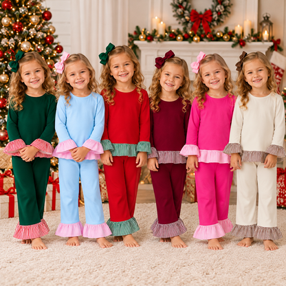 Girls Fall Winter Christmas Ruffle Pants Set – Long Sleeve Striped Ruffle Top & Flare Pants 2-Piece Outfit