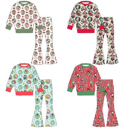 Girls Christmas Character Print Two-Piece Outfit – Long Sleeve Top & Flare Pants Holiday Set
