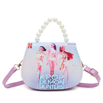 K-POP Demon Hunters Anime Print Kids Crossbody Bag with Pearl Handle & PU Strap