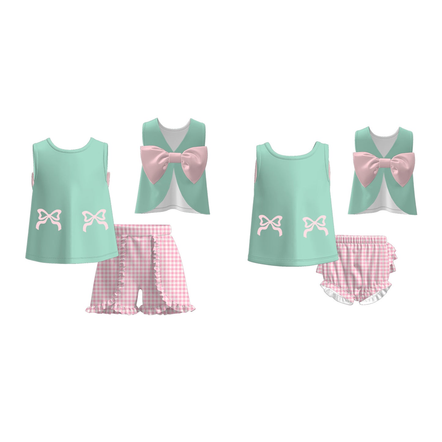 Summer Mint Pink Plaid Bow Embroidery Outfits For Sister