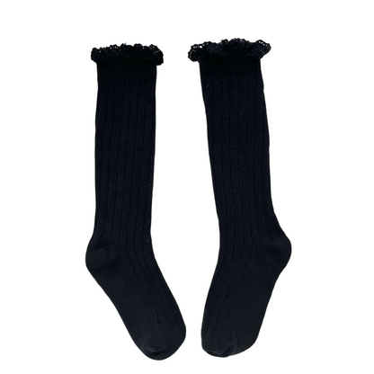 Kids Solid Color Mid-Calf Socks Combed Cotton Lace Trim Frilly Socks Spring & Autumn Wear