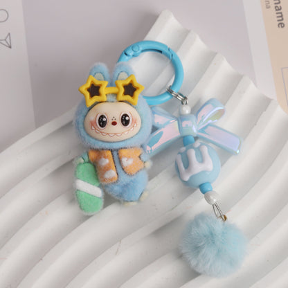 New Flocked Surfboard Sunglasses Labubu Beaded Keychain Cute Charm Bag Pendant Accessory