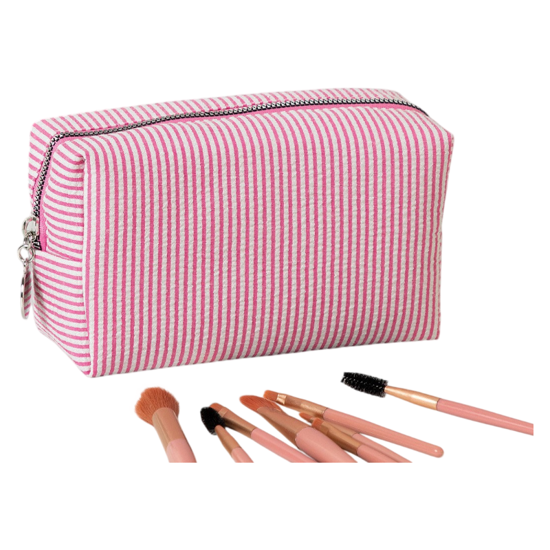 Seersucker Striped Makeup Pouch Travel Toiletry Storage Bag