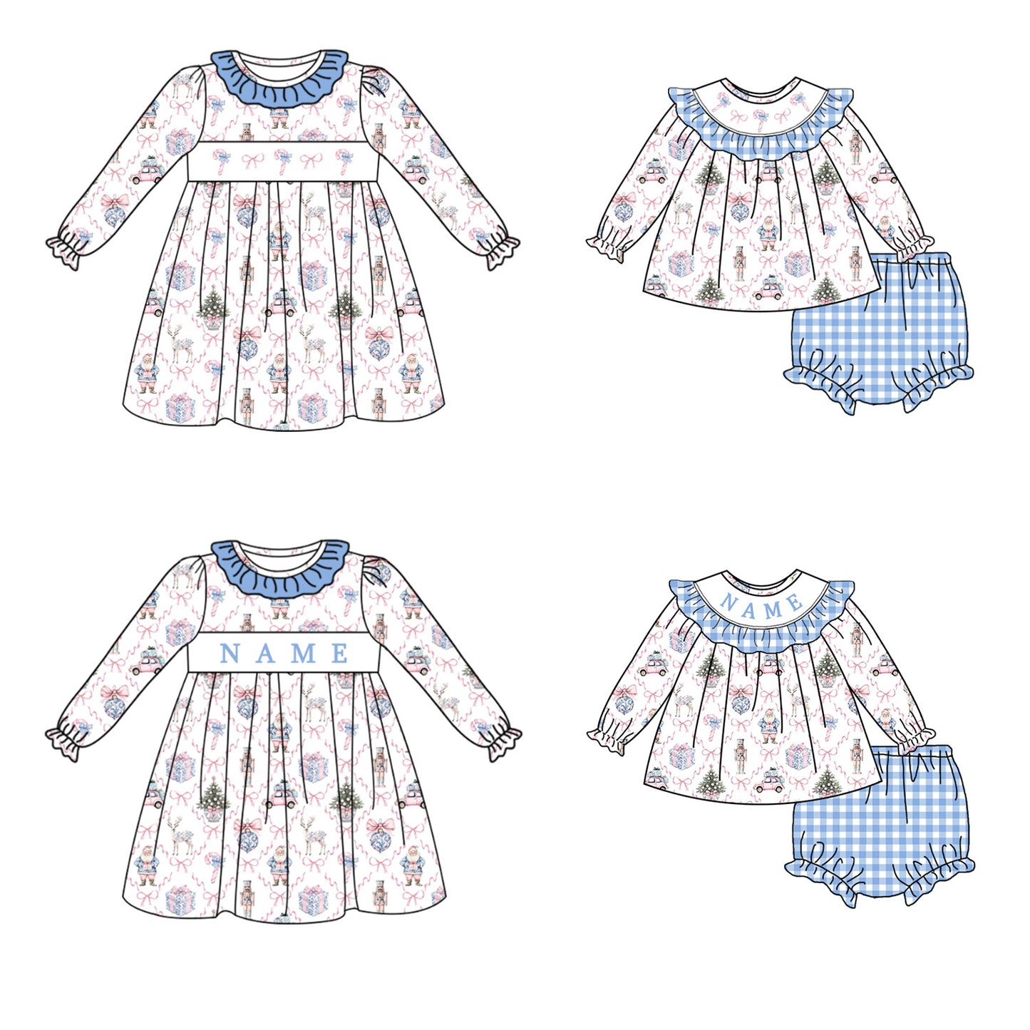 Girls Christmas Santa Bow Smocked Embroidery Custom Name Dress & Baby Set