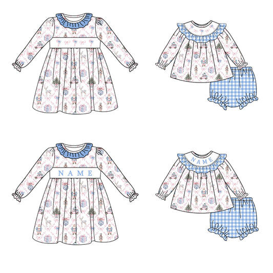 Girls Christmas Santa Bow Smocked Embroidery Custom Name Dress & Baby Set