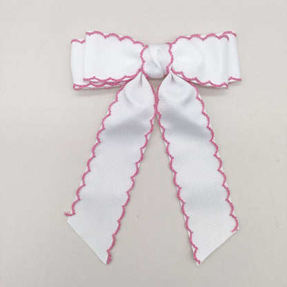 Girls Grosgrain Ribbon Bow Hair Clip – Contrast Scalloped Stitching & Long Ribbon Tails