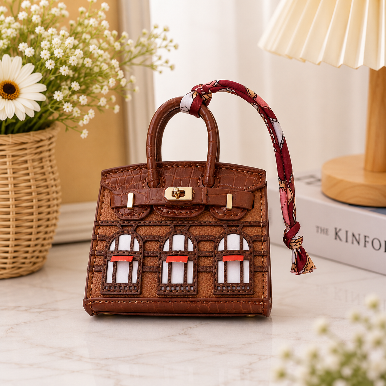 Mini House Bag Charm with Scarf – Faux Leather Coin Purse & Earbud Pouch