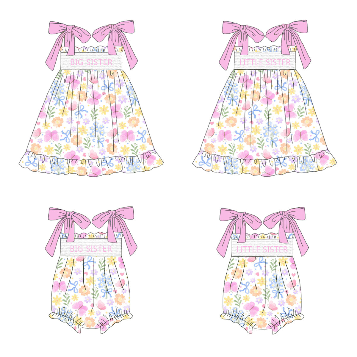Sister Summer Colorful Floral Smocked Sibling Dress and Romper