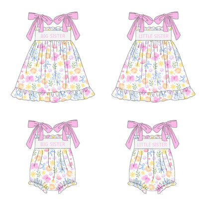 Sister Summer Colorful Floral Smocked Sibling Dress and Romper