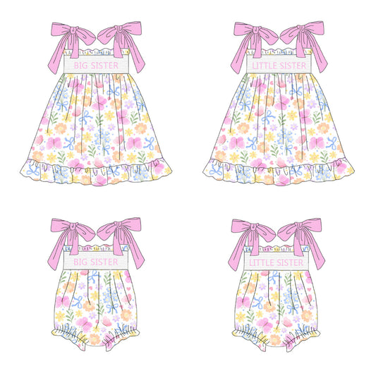 Sister Summer Colorful Floral Smocked Sibling Dress and Romper