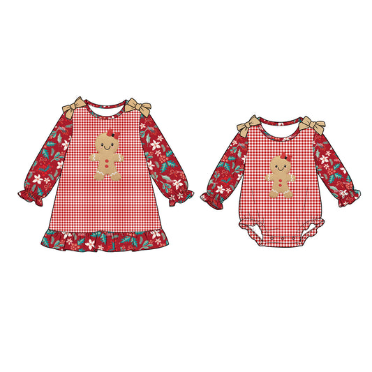 Christmas Gingerbread Embroidery Sister Matching Outfits – Girls Dress & Baby Romper